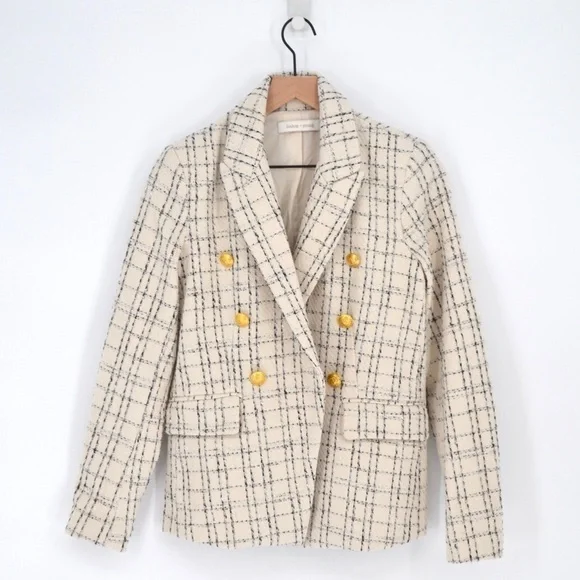 Bishop and Young Parker Tweed Blazer Double Breasted Windowpane Cream Women's S - Picture 1 of 8